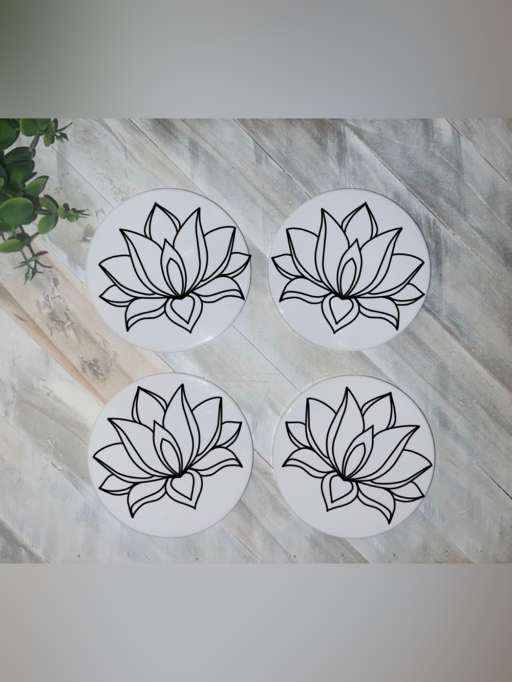 Set of 4 White Lotus Coasters with Black Floral Line Art